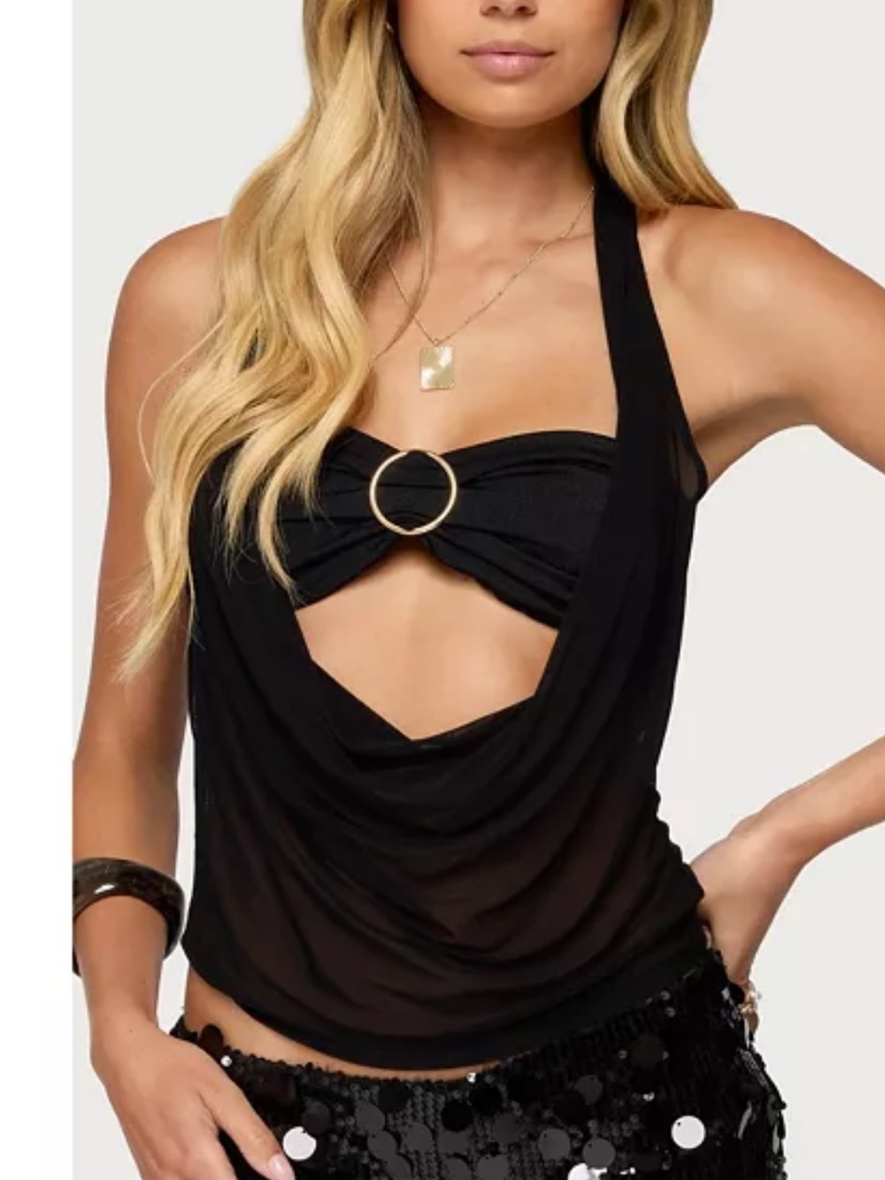 Edikted Issey Layered Black Bandeau Bra Sheer Drapey Cowl Neck Halter Top Size S